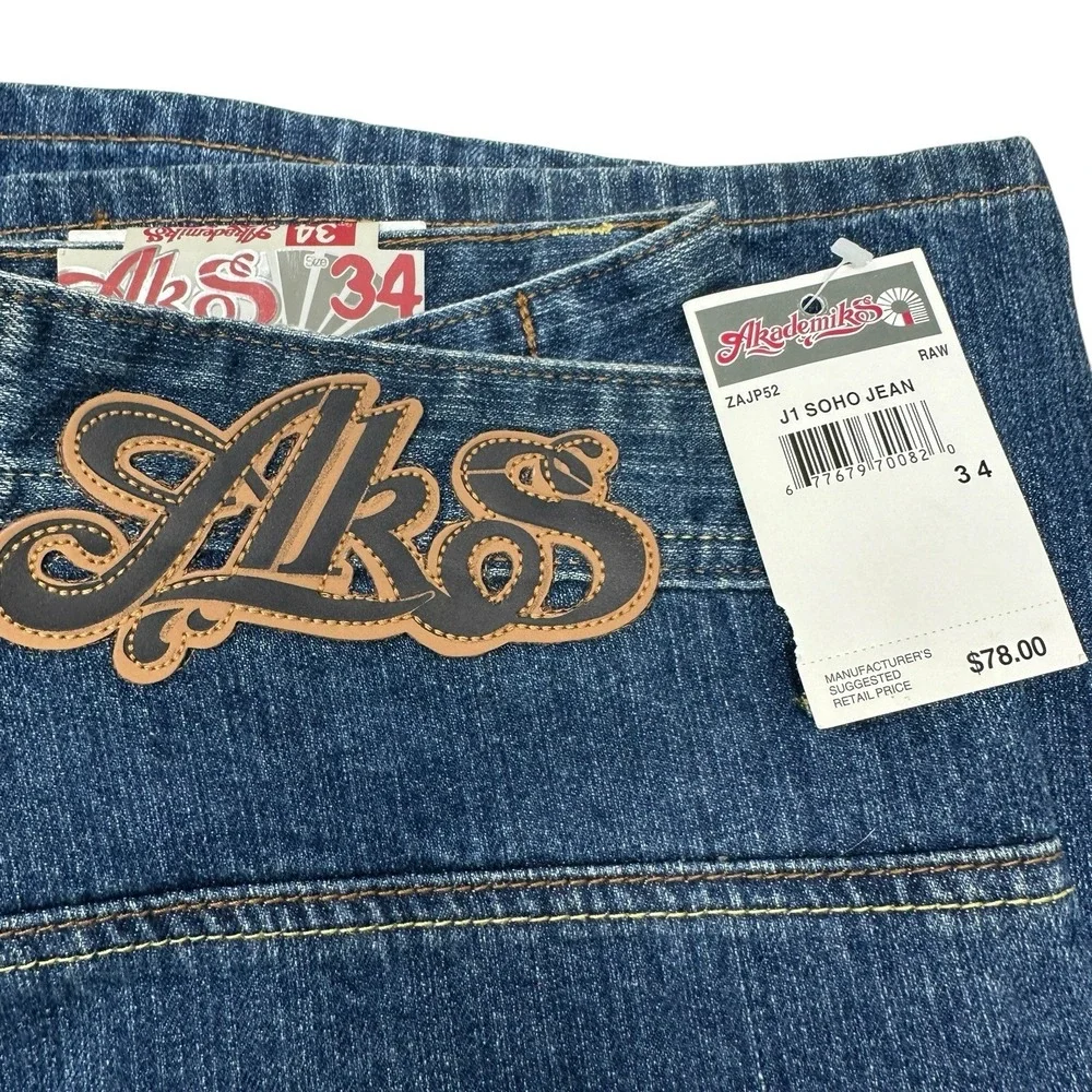 AKADEMIKS NWT Vintage J1 SoHo Men's Jeans Blue Baggy Wide Leg Denim‎ Y2K Size 34